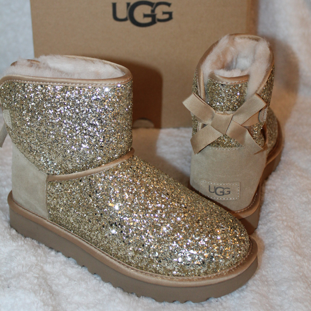 UGG SPARKLE MINI BOW METALLIC GOLD BOOTS NEW